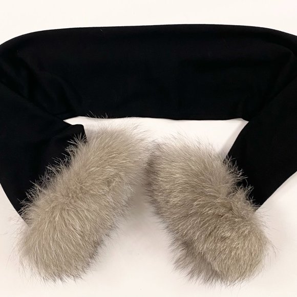 Cashmere Scarf Black Gray Fox Fur Trim One Size SKU 000359-1 - Picture 2 of 7